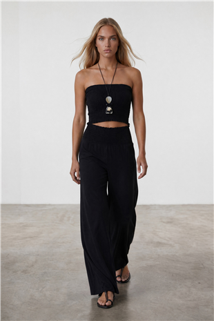 Kadın Siyah-1 Beli Gipeli Geniş Paça Pantolon Ve Gipeli Crop Büstiyer Takım Alc-X14058