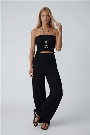 Kadın Siyah-1 Beli Gipeli Geniş Paça Pantolon Ve Gipeli Crop Büstiyer Takım Alc-X14058