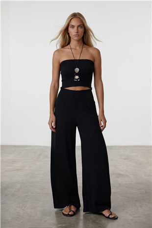 Kadın Siyah-1 Beli Gipeli Geniş Paça Pantolon Ve Gipeli Crop Büstiyer Takım Alc-X14058