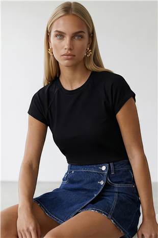 Kadın Siyah-1 Bisiklet Yaka Reglan Kol Likralı Örme Bluz Alc-X15388