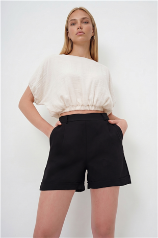 Kadın Siyah-1 Çift Cepli Duble Paça Gizli Fermuarlı Keten Şort Alc-X13767