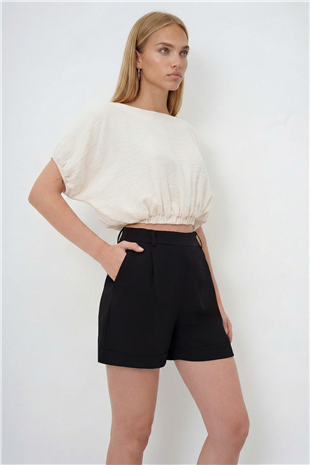 Kadın Siyah-1 Çift Cepli Duble Paça Gizli Fermuarlı Keten Şort Alc-X13767