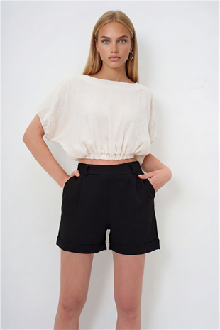 Kadın Siyah-1 Çift Cepli Duble Paça Gizli Fermuarlı Keten Şort Alc-X13767