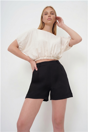 Kadın Siyah-1 Çift Cepli Duble Paça Gizli Fermuarlı Keten Şort Alc-X13767