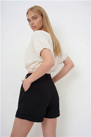 Kadın Siyah-1 Çift Cepli Duble Paça Gizli Fermuarlı Keten Şort Alc-X13767