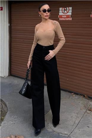 Kadın Siyah 5 Cepli Yüksek Bel Palazzo Jean Vs01694