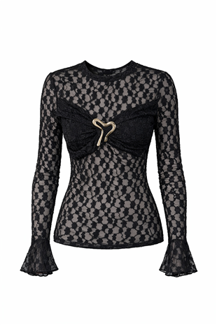 Kadın Siyah Aksesuar Detaylı Balenli Dantel Bluz Alc-X15245