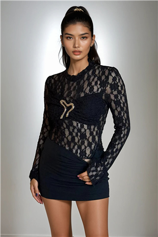 Kadın Siyah Aksesuar Detaylı Balenli Dantel Bluz Alc-X15245