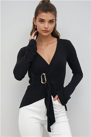 Kadın SİYAH Aksesuar Detaylı Kruvaze Yaka Bluz VS01178