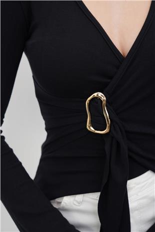 Kadın SİYAH Aksesuar Detaylı Kruvaze Yaka Bluz VS01178