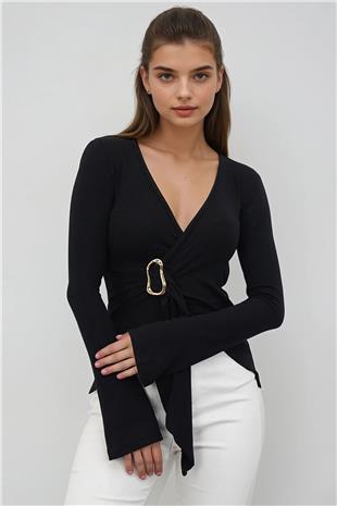 Kadın SİYAH Aksesuar Detaylı Kruvaze Yaka Bluz VS01178