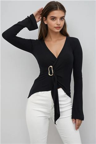 Kadın SİYAH Aksesuar Detaylı Kruvaze Yaka Bluz VS01178