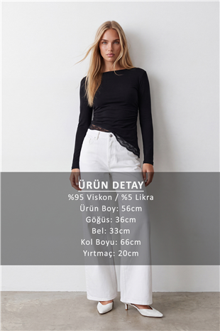 Kadın Siyah Asimetrik Kesim Dantelli Yanları Büzgülü Bluz Alc-X15603