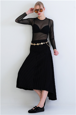Kadın Siyah Asimetrik Kesim Kumaşı Fırfırlı Maxi Boy Etek Alc-X15406