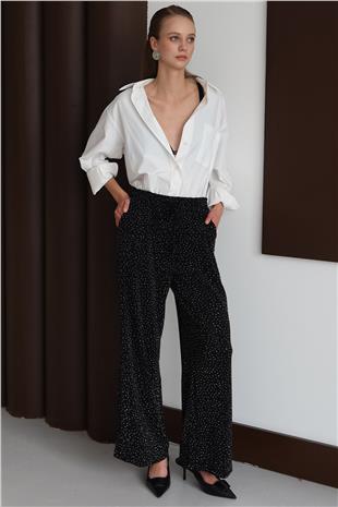 Kadın SİYAH Bağcıklı Çift Cepli Taş İşlemeli Palazzo Pantolon VS01434