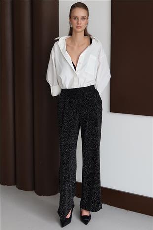 Kadın SİYAH Bağcıklı Çift Cepli Taş İşlemeli Palazzo Pantolon VS01434