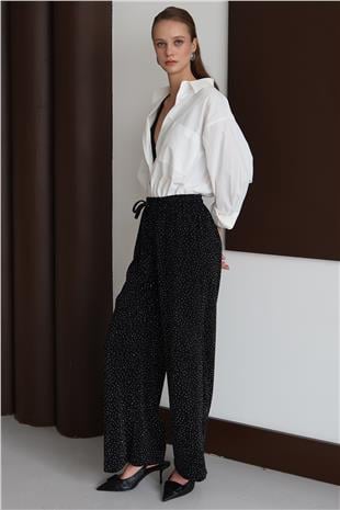 Kadın SİYAH Bağcıklı Çift Cepli Taş İşlemeli Palazzo Pantolon VS01434