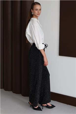 Kadın SİYAH Bağcıklı Çift Cepli Taş İşlemeli Palazzo Pantolon VS01434