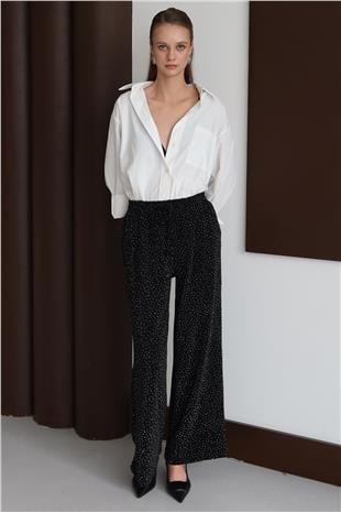 Kadın SİYAH Bağcıklı Çift Cepli Taş İşlemeli Palazzo Pantolon VS01434