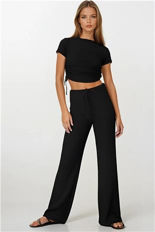 Kadın SİYAH Bağlama Detaylı Crop Bluz Ve Pantolon Takım VS00157