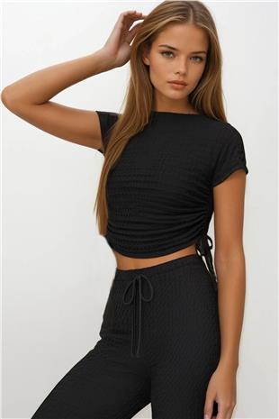 Kadın SİYAH Bağlama Detaylı Crop Bluz Ve Pantolon Takım VS00157