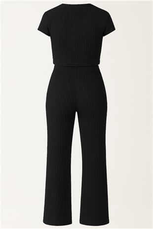 Kadın SİYAH Bağlama Detaylı Crop Bluz Ve Pantolon Takım VS00157
