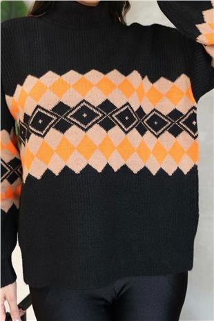 Kadın Siyah Balıkçı Yaka Baklava Desenli Triko Kazak Alc-X14739