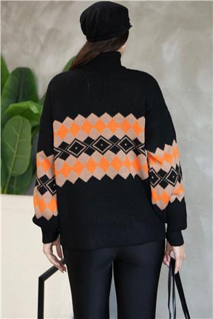 Kadın Siyah Balıkçı Yaka Baklava Desenli Triko Kazak Alc-X14739