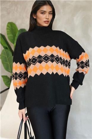 Kadın Siyah Balıkçı Yaka Baklava Desenli Triko Kazak Alc-X14739
