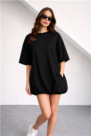 Kadın Siyah Balon Kesim Bisiklet Yaka Oversize T-Shırt Alc-X15248
