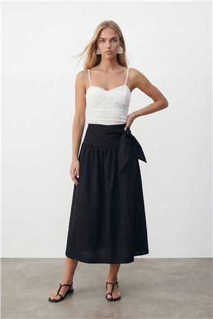Kadın Siyah Beli Bağlamalı Fermuarlı İçi Astarlı Midi Poplin Etek Alc-X15519