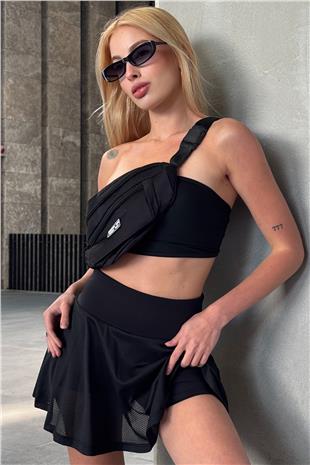 Kadın SİYAH Beli Lastikli File Detaylı Şort Etek V00023-A