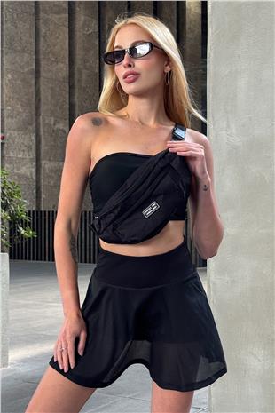 Kadın SİYAH Beli Lastikli File Detaylı Şort Etek V00023-A