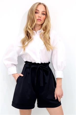 Kadın Siyah Beli Lastikli Kemerli Çift Cep Duble Paça Şort ALC-X13338-1