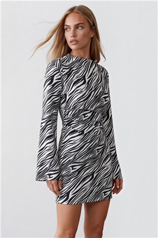 Kadın Siyah Beyaz Dik Yaka Zebra Desenli Mini Elbise Alc-X15872