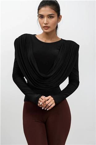 Kadın Siyah Bisiklet Yaka Degaje Tasarımlı Sandy Bluz Alc-X14888