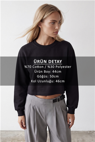 Kadın Siyah Bisiklet Yaka Eteği Pis Dikişli 3 İplik İçi Şardonlu Sweatshirt Alc-X15863