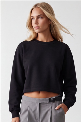 Kadın Siyah Bisiklet Yaka Eteği Pis Dikişli 3 İplik İçi Şardonlu Sweatshirt Alc-X15863
