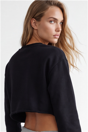 Kadın Siyah Bisiklet Yaka Eteği Pis Dikişli 3 İplik İçi Şardonlu Sweatshirt Alc-X15863