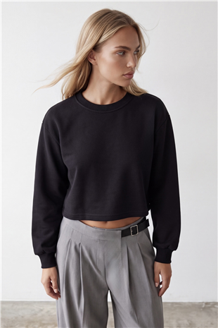 Kadın Siyah Bisiklet Yaka Eteği Pis Dikişli 3 İplik İçi Şardonlu Sweatshirt Alc-X15863