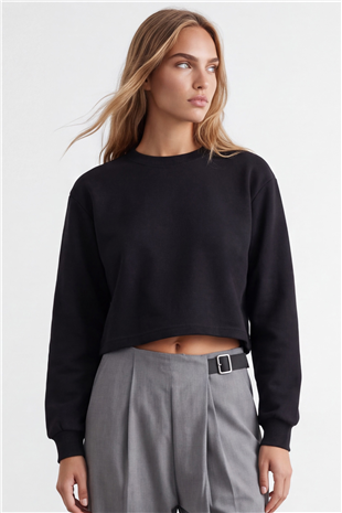 Kadın Siyah Bisiklet Yaka Eteği Pis Dikişli 3 İplik İçi Şardonlu Sweatshirt Alc-X15863