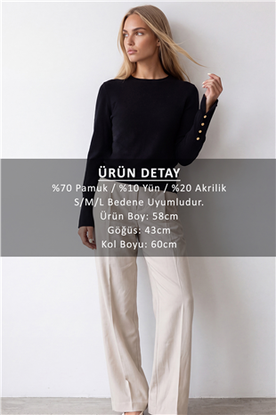 Kadın Siyah Bisiklet Yaka Gold Düğme Detaylı Crospan Yün Karışımlı Triko Bluz Alc-X15770