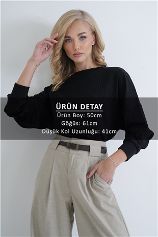Kadın Siyah Bisiklet Yaka Kolu Manşetli Örme Bluz Alc-X15884