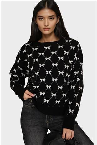 Kadın Siyah Bisiklet Yaka Kurdale Desenli Triko Kazak Alc-X14822