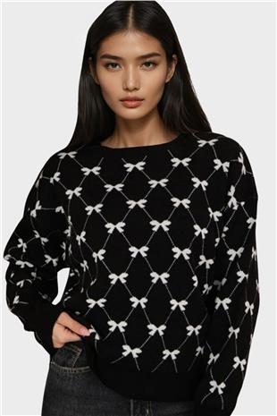 Kadın Siyah Bisiklet Yaka Kurdale Desenli Triko Kazak Alc-X14822