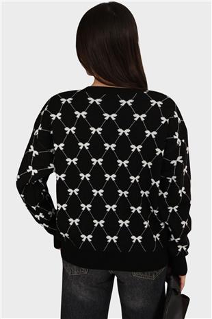 Kadın Siyah Bisiklet Yaka Kurdale Desenli Triko Kazak Alc-X14822