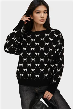 Kadın Siyah Bisiklet Yaka Kurdale Desenli Triko Kazak Alc-X14822