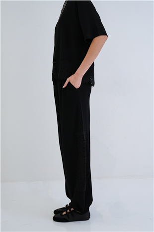 Kadın Siyah Bisiklet Yaka Model Kumaş Dantel Detaylı Bluz Ve Pantolon Takım Alc-X15369