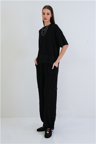 Kadın Siyah Bisiklet Yaka Model Kumaş Dantel Detaylı Bluz Ve Pantolon Takım Alc-X15369