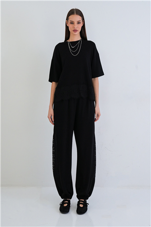 Kadın Siyah Bisiklet Yaka Model Kumaş Dantel Detaylı Bluz Ve Pantolon Takım Alc-X15369